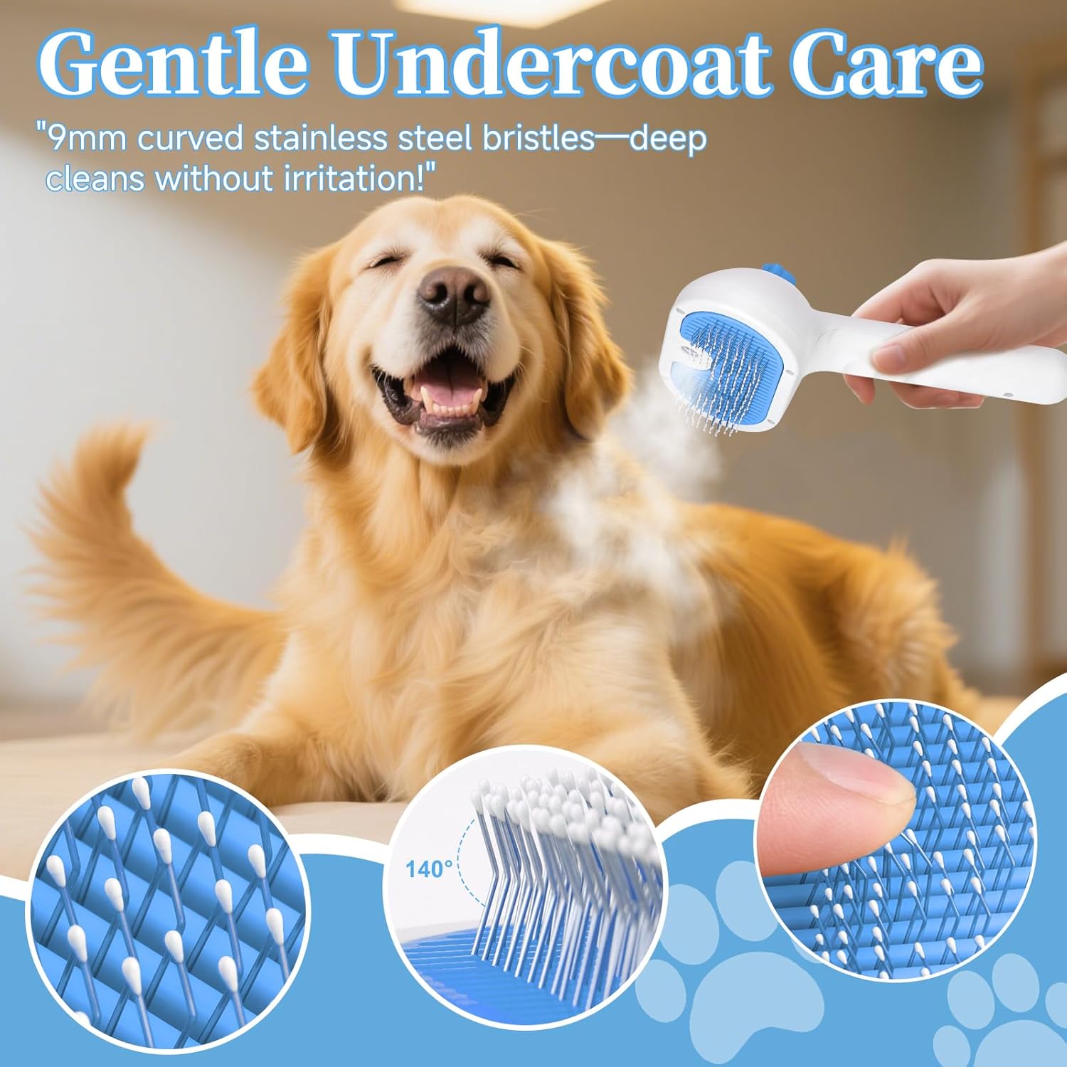 Skiennix Pet Steam Brush - 3-in-1 Grooming Tool for Shedding & Hair Removal - Self-Cleaning Mist Comb with Waterless Shampoo, Blue