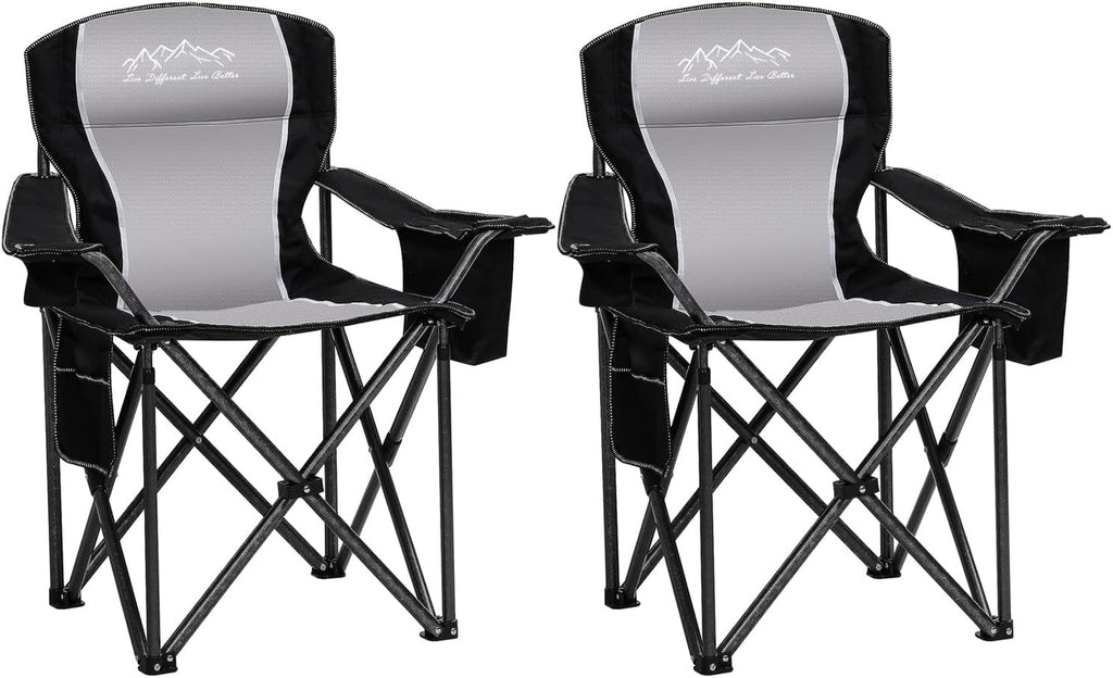 Skiennix Folding Camping Chair - Heavy Duty Portable Lawn Chair with Cooler Bag & Cup Holder | Supports 450lbs, Black
