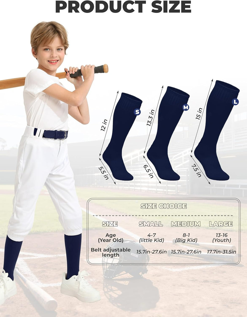 Skiennix Baseball Socks & Belt Combo - Youth Softball & Football Gear for Boys & Girls | 3 Pairs