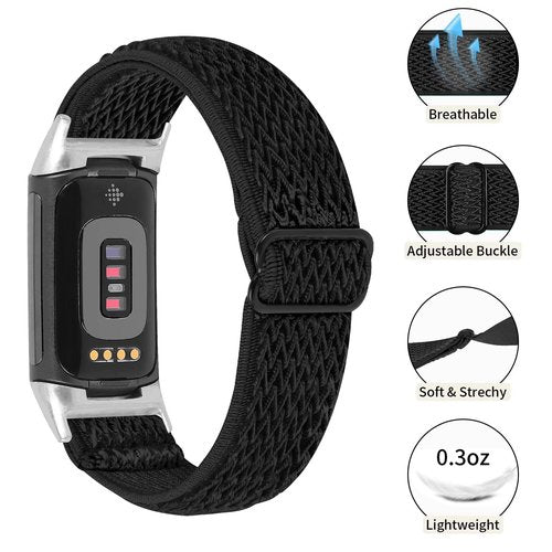 T-BLUER Stretchy Strap Compatible with Fitbit Charge 5, Soft and Adjustable Elastic Bracelet, Woven Nylon Sports Bracelet for Men and Women, Black