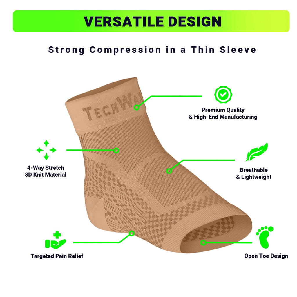 TechWare Pro Ankle Brace Compression Sleeve - Relieves Achilles Tendonitis, Joint Pain. Plantar Fasciitis Foot Sock with Arch Support Reduces Swelling & Heel Spur Pain. (Beige, L/XL)