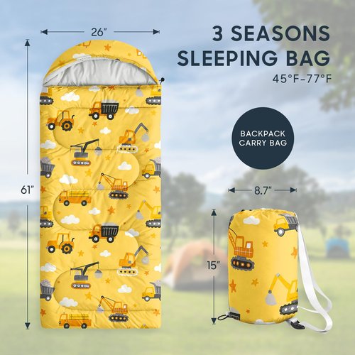 Wake In Cloud - Construction Car Kids Sleeping Bag for Boys Toddlers, Camping in Warm Cold Weather, Backpacking Lightweight Compact Outdoor Liner for 3 Seasons Summer Spring Fall, Yellow