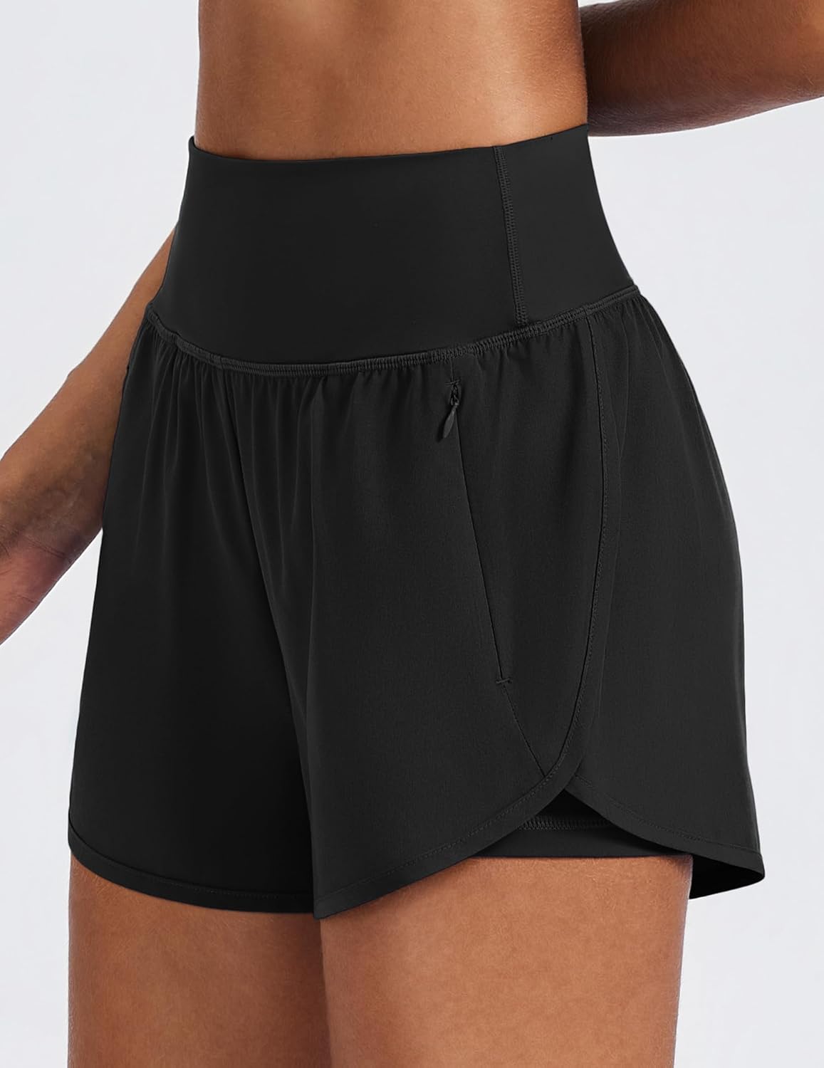 PINSPARK Women's 2-in-1 High Waisted Running Shorts - Quick Dry Workout Gym Shorts with 2 Zip Pockets