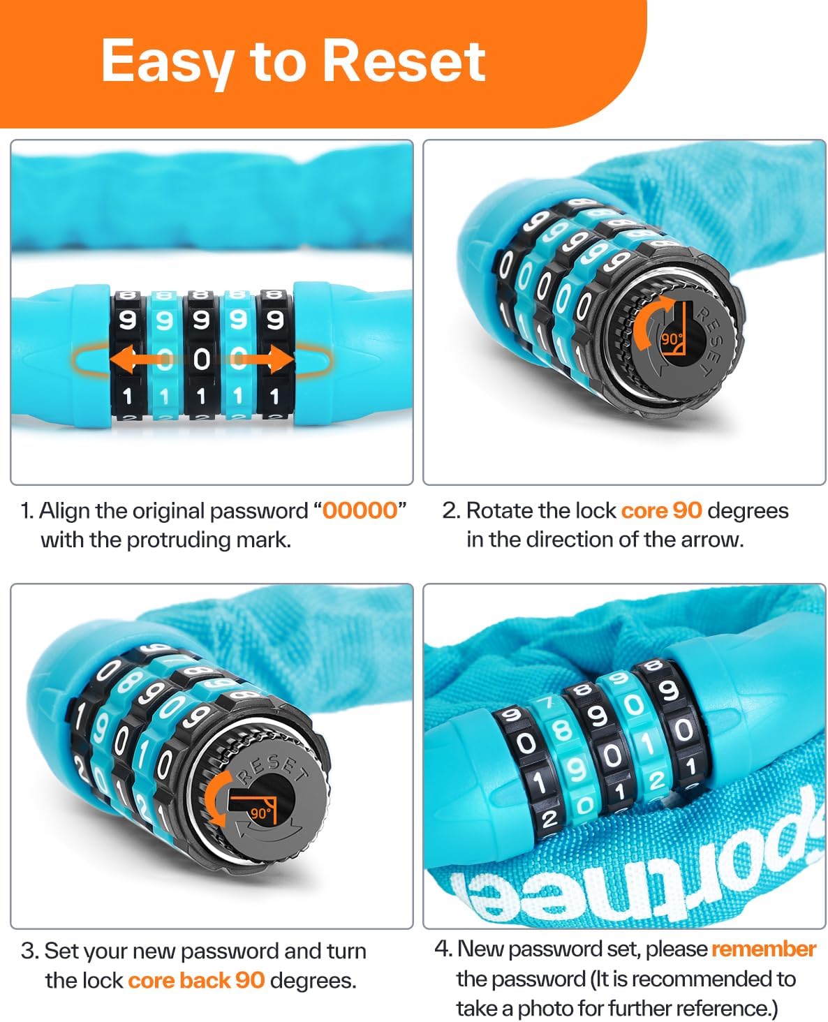 Sportneer Bike Lock - High Security 5-Digit Combination Anti-Theft Chain Lock | 3.2/3.6/4ft Heavy Duty for Bikes, Motorcycles, Scooters, and Gates - 4/6mm Thick, Keyless Design
