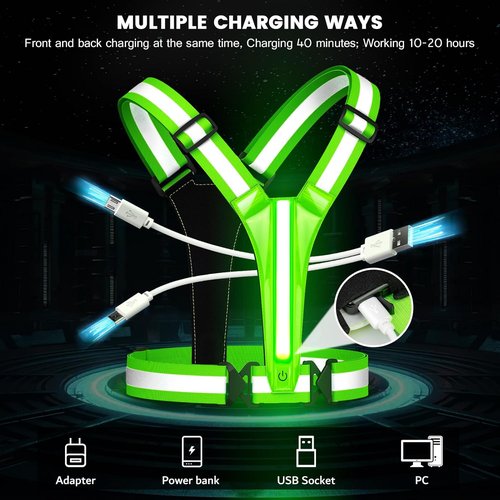 Fokia Kunbio LED Reflective Running Vest Gear,Light Up Vest Runners Night Walking USB Rechargeable,Up to 11hrs Light with Adjustable Waist/Shoulder for Women Men Kids