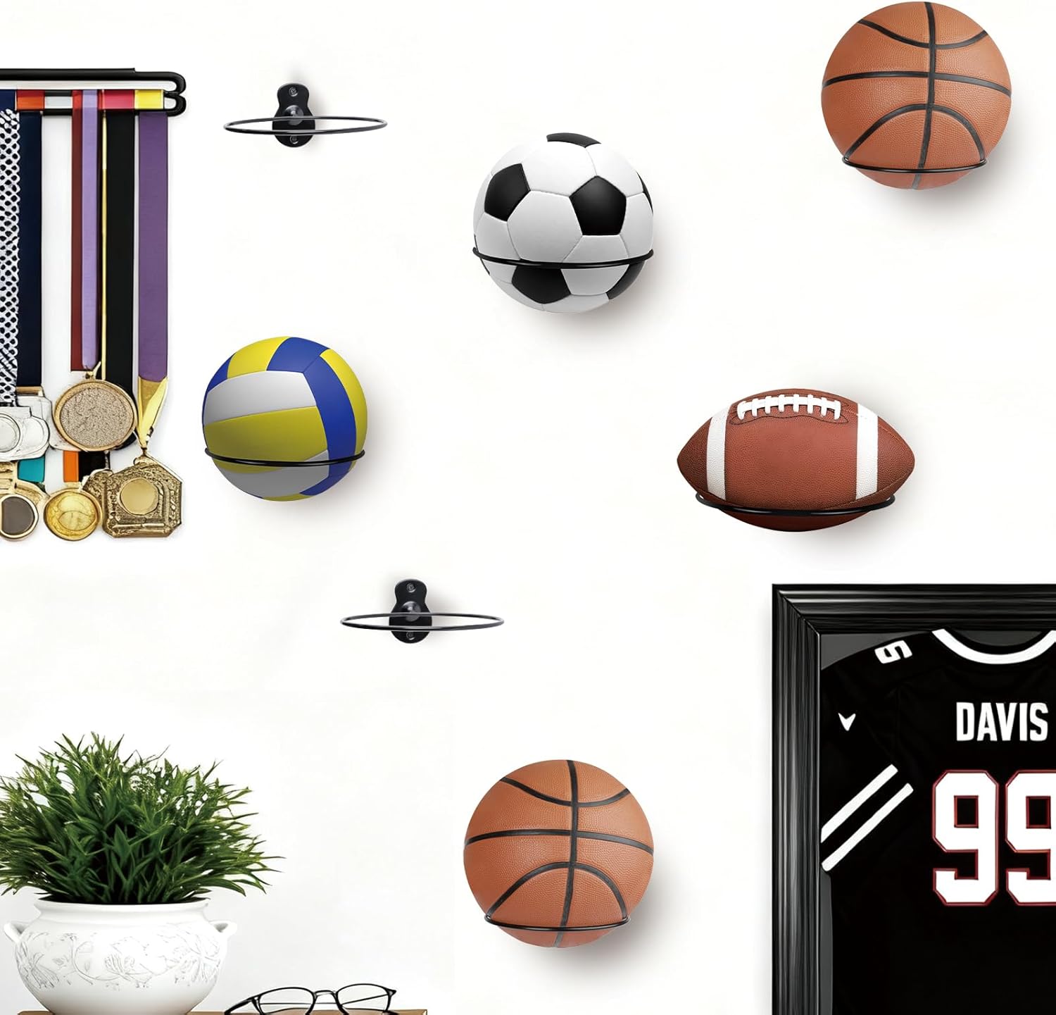 Skiennix Basketball Holder Wall Mount - 7-Inch Diameter Metal Ball Storage Rack | 2-Pack Sports Organizer