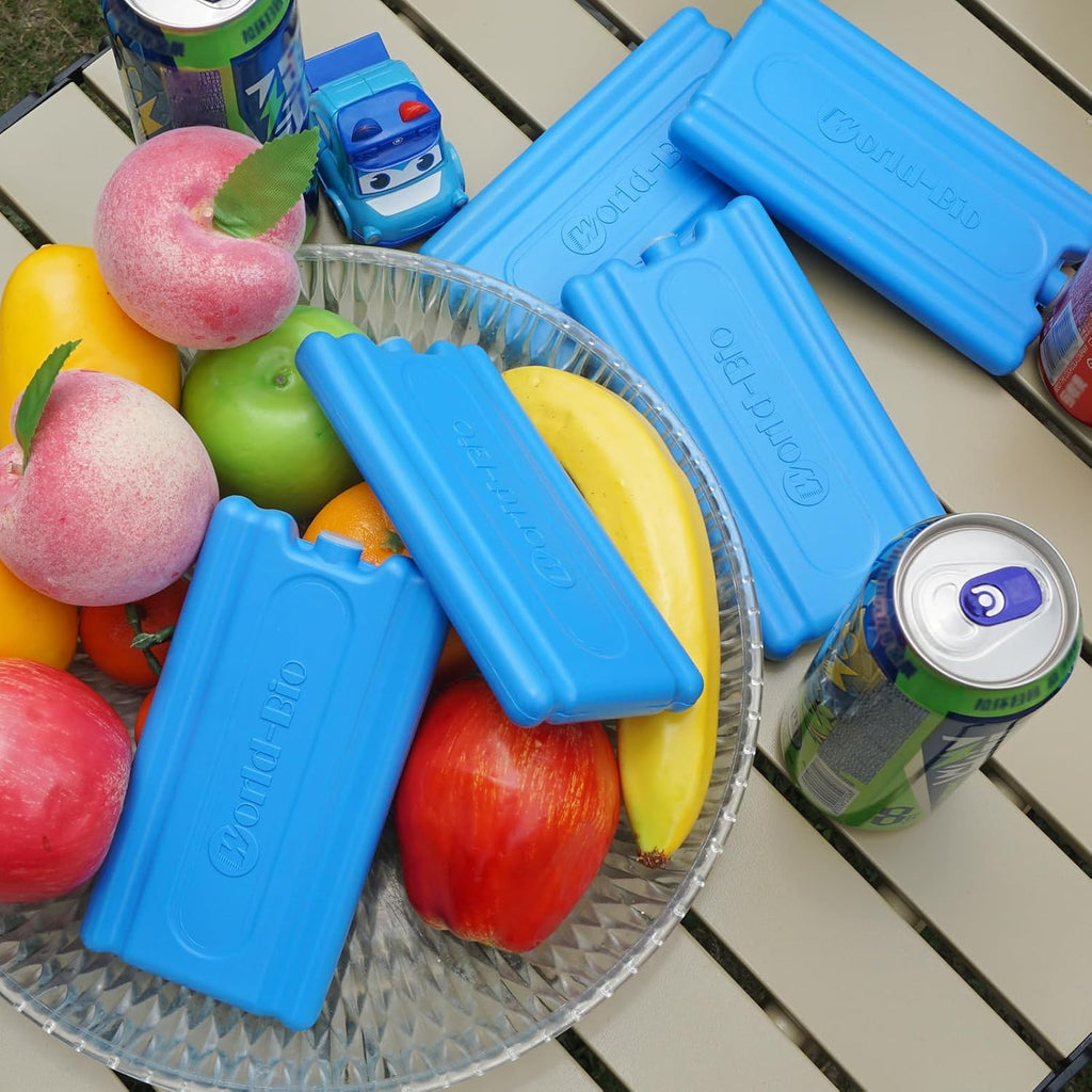 WORLD-BIO Reusable Ice Packs for Lunch Boxes & Coolers, Leakproof Quick Freeze Cold Packs for Picnics, Beach, Camping, Work - Long Lasting to Keep Drinks Cold (Thin Ice Packs 6 Pcs)