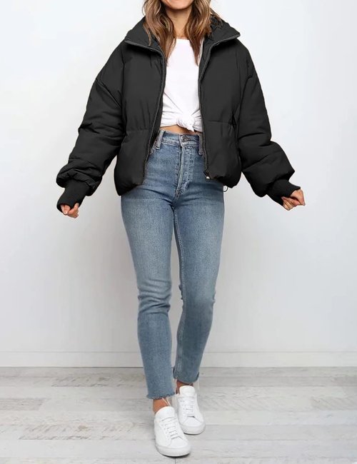 MaShinequang Womens Cropped Black Puffer Jacket Zip Up Quilted Padded Coat Outwear with Pockets (Black, Medium)