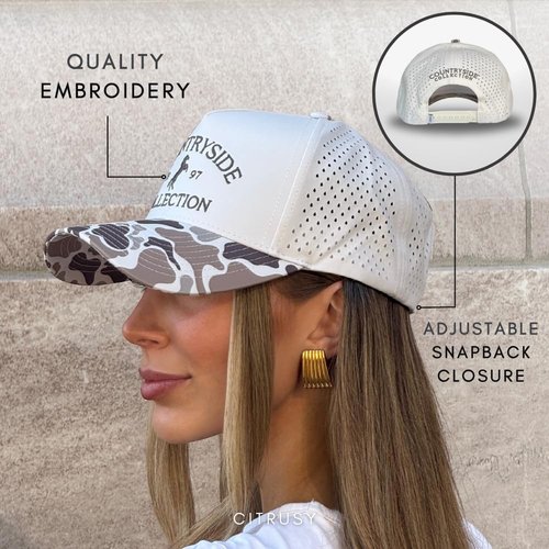 Athletic Trucker Golf Hat | Performance Mens 5 Panel Hat | Cool Breathable Waterproof Sweat Proof Workout Running Cap | Golf A Frame Rope | Snapback Adjustable Hat (Countryside Collection | Duck Camo)