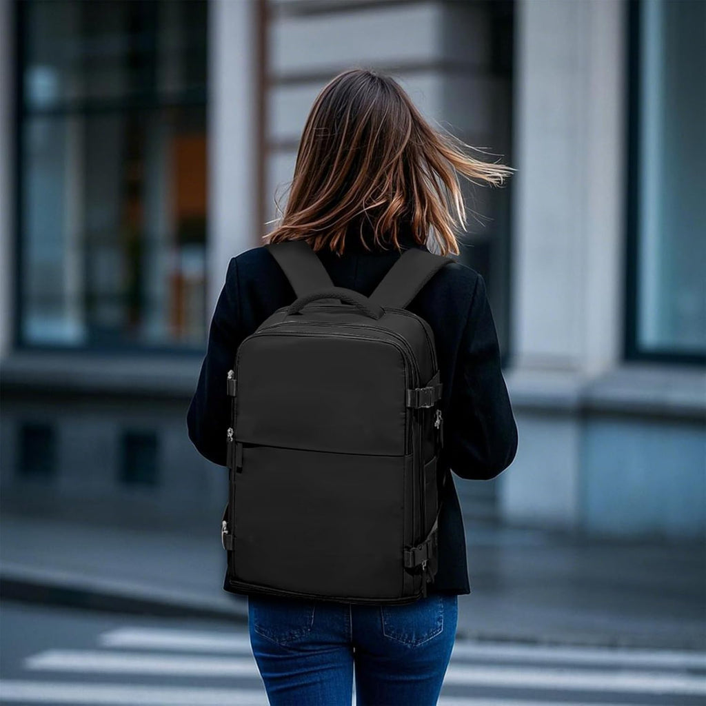Skiennix Large Travel Backpack - Waterproof Airline Approved Carry-On for Women | Black Casual Daypack