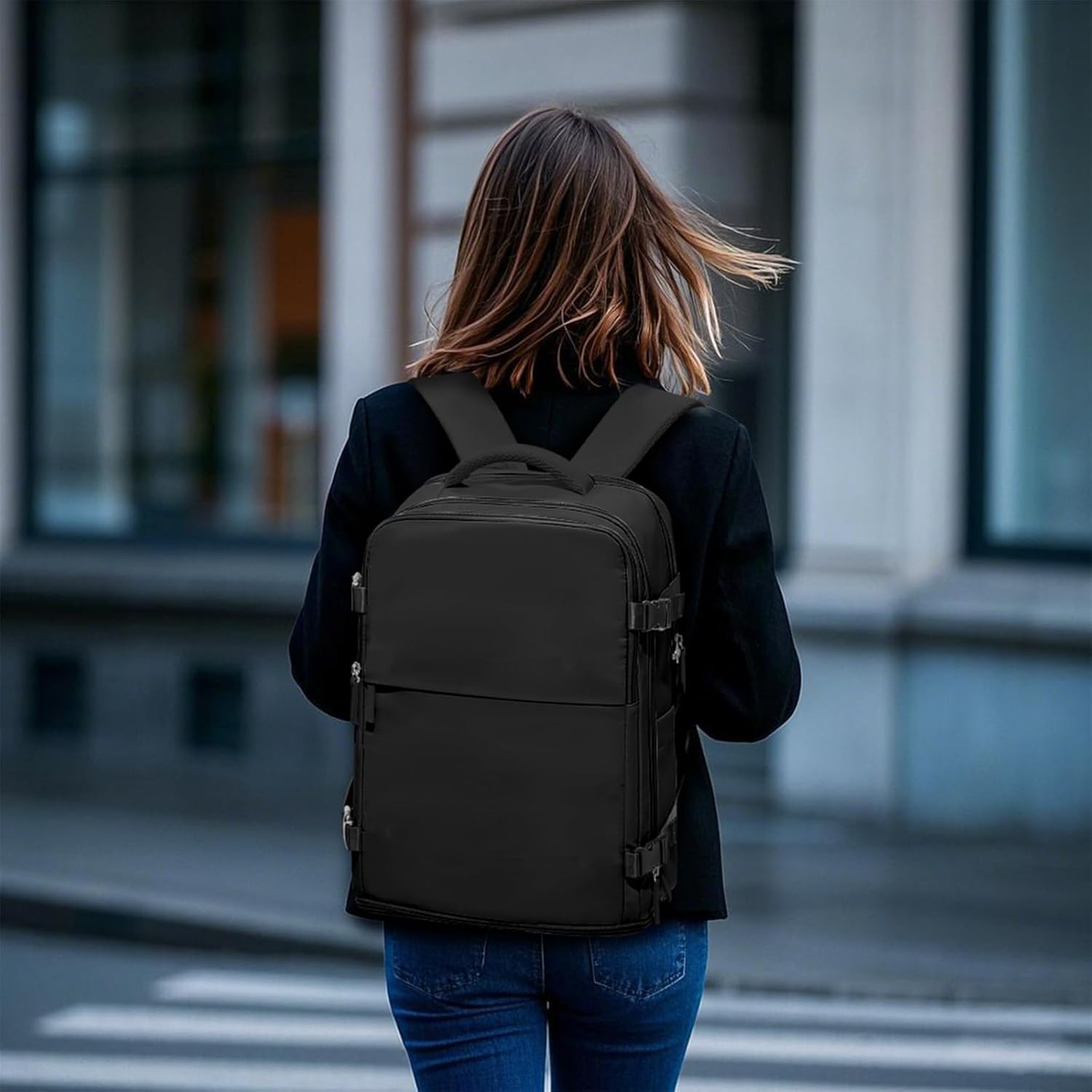 Skiennix Large Travel Backpack - Waterproof Airline Approved Carry-On for Women | Black Casual Daypack