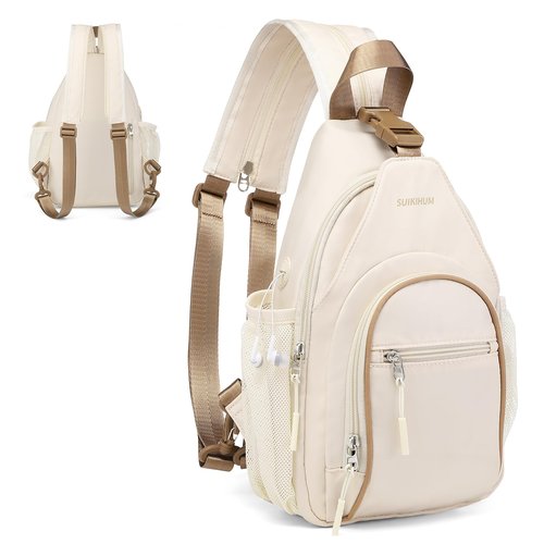 SUIKIHUM Crossbody Sling Bag with Water Bottle Holder, 8.3" Convertible Small Backpack Anti Theft Daypack, Chest Fanny Pack for Men Women, Beige