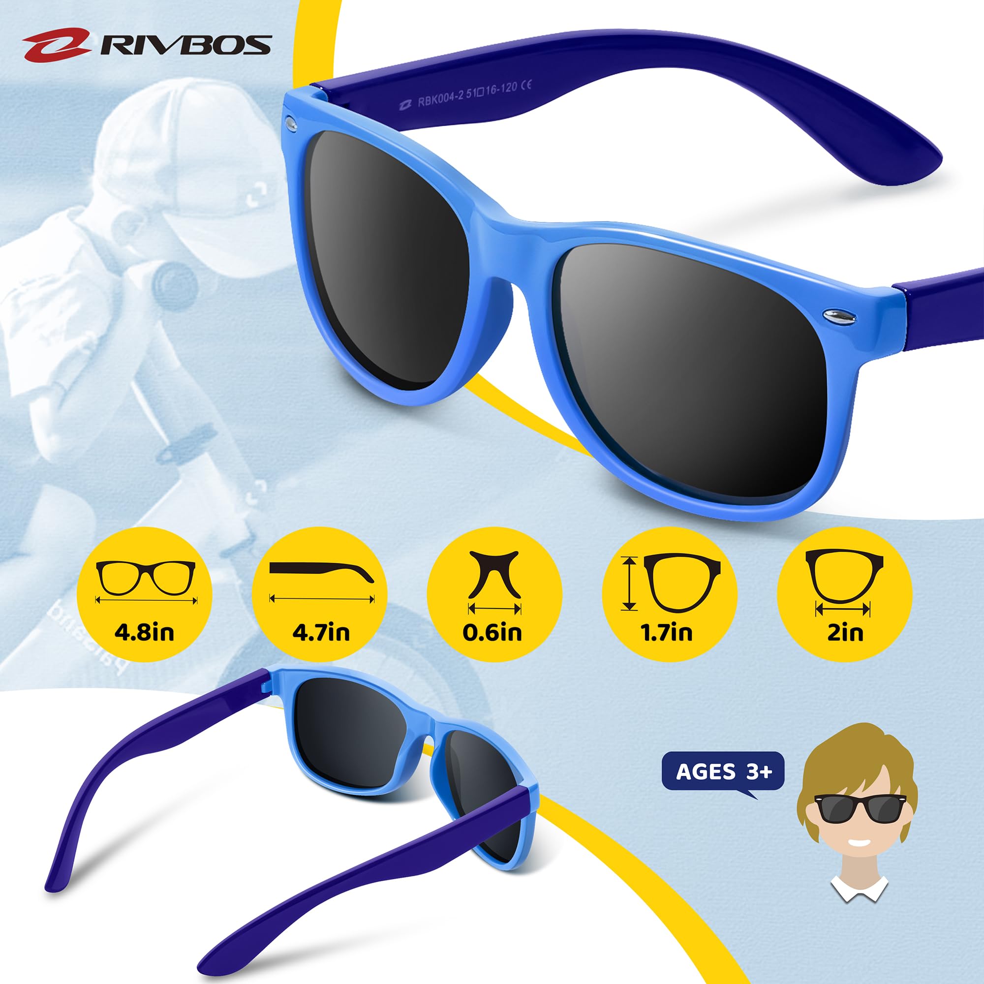 RIVBOS Kids Sunglasses Polarized UV Protection Flexible Rubber Glasses Shades with Strap for Boys Girls Navy blue