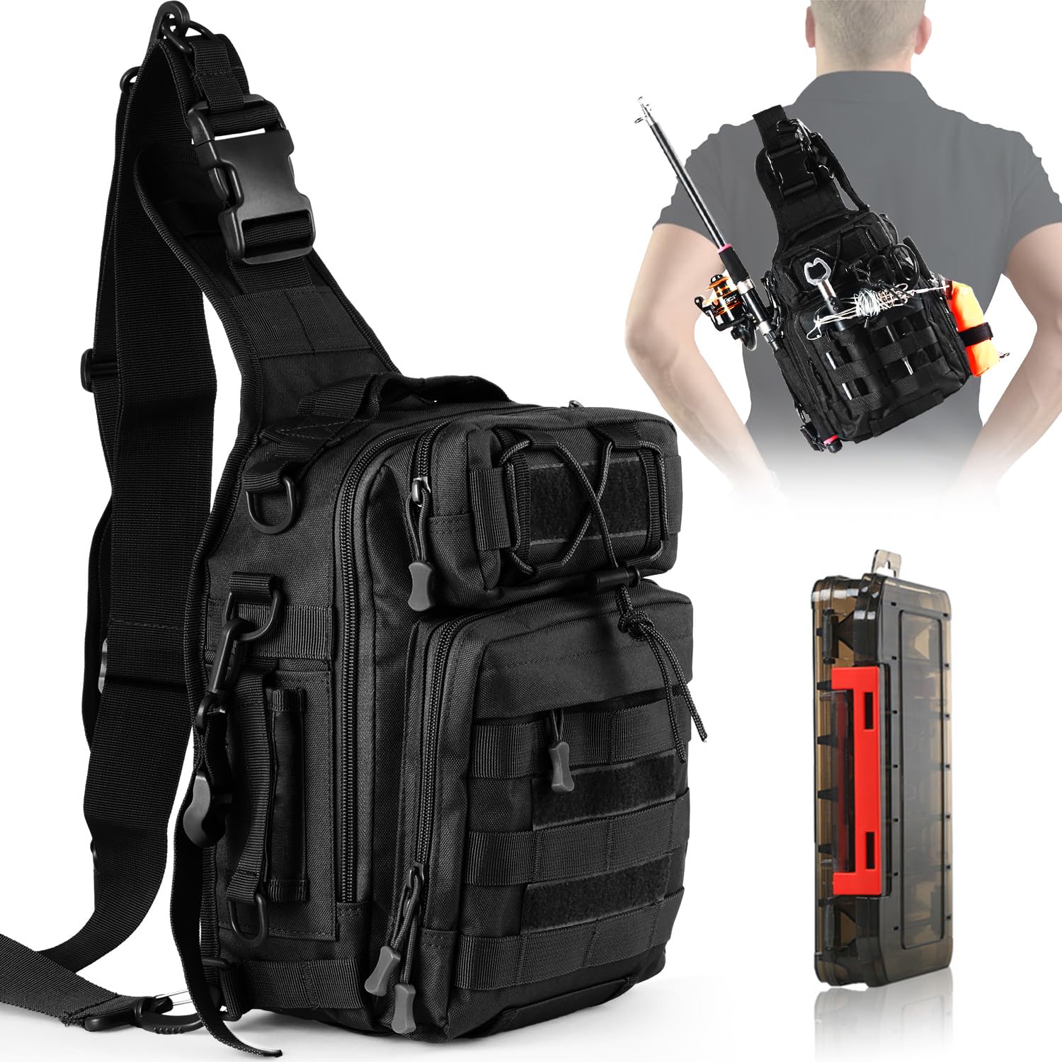 Aertiavty Compact Fishing Tackle Bag, Fishing Bag with Tackle Box and Rod Holder Outdoor Sport Fishing Backpack