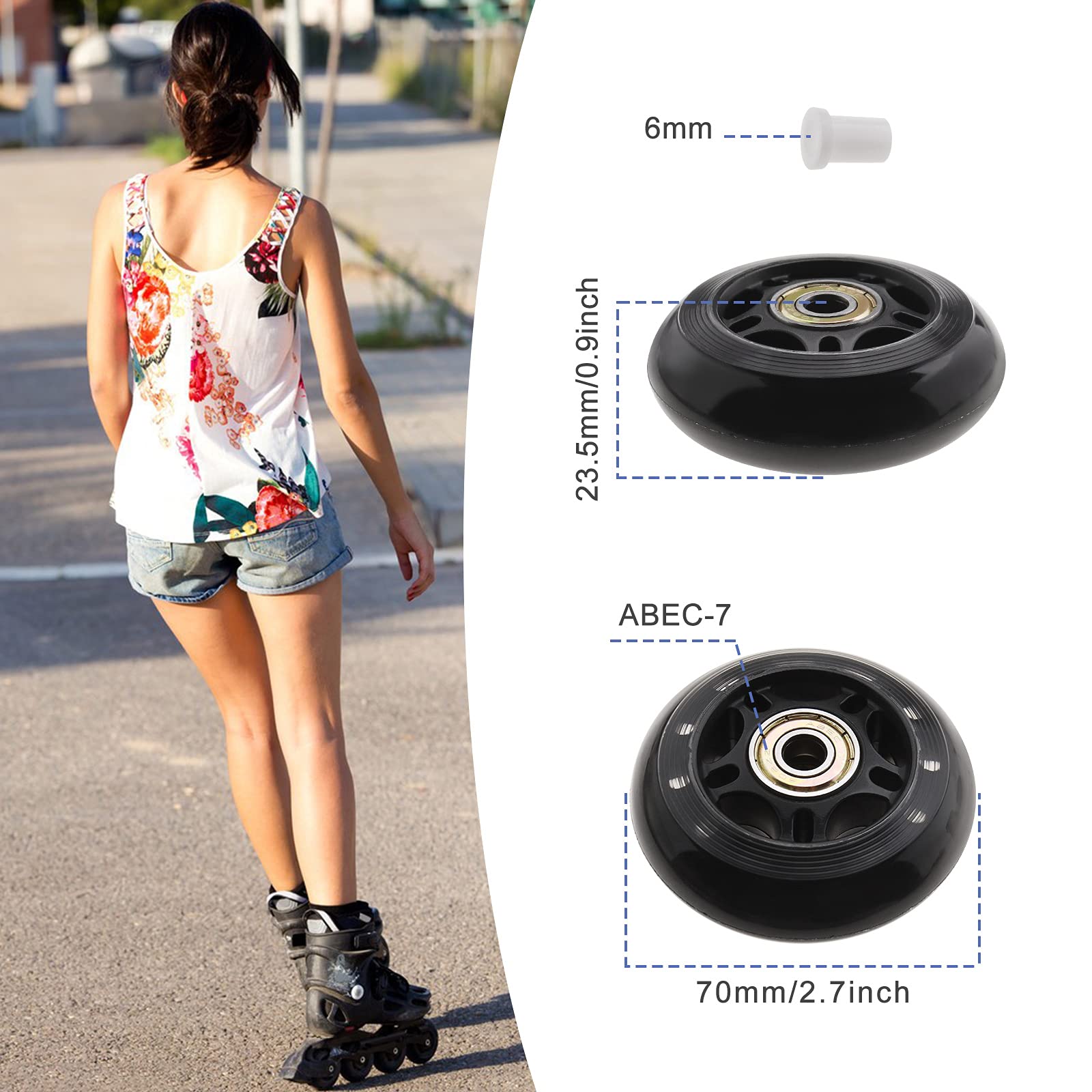 SING F LTD 8pcs 70mm 82A Skating Wheels with ABEC-7 608ZZ Bearing for Boys & Girls Indoor Outdoor Recreational Riding with 6mm White Plastic Spacers Replacement Black PU