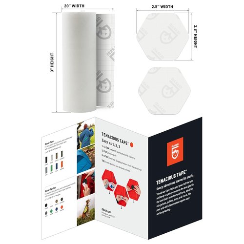 GEAR AID Tenacious Tape - 3” x 20” Clear Vinyl Gear Repair Tape with 2 Hex Patches for Outdoor Gear Repair