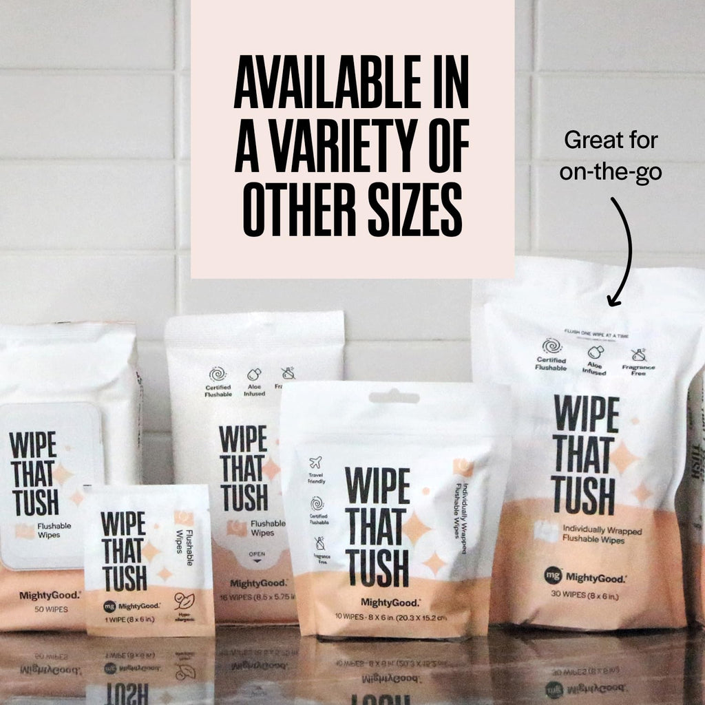 Wipe That Tush Flushable Wipes - Extra Large & Soft, Fragrance-Free, Hypoallergenic | 30 Individually Wrapped Wipes