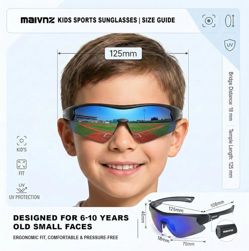 Maivnz Youth Baseball Sunglasses - Kids Sports Glasses for Ages 6-12 | Helmet Compatible for Softball & Cycling