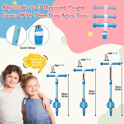 Kick Scooter for Kids 5-7 6-8 Years Age - Solid Metal Anti-Crack Frame&Brake,Height Adjustable,Light Up Two Wheel Toddler Scooter 4 Year Old,Boys Girls Outdoor Kid Child Toy Blue