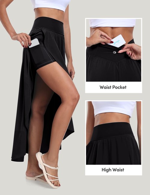 IUGA High Waist Maxi Skirt with Slit Ruffle Wrap Skirt Trendy Flowy Skirts for Women Long Skirts with Shorts Underneath Black