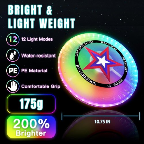 LED Flying Disc with Millions of Colors, 42 LEDs, 175g, 12 Lighting Modes, Rechargeable & Water-resistant, Outdoor Toys for Kids Ages 8-12 Teens Men Boys Adult Beach Toys Camping Lawn Yard Games