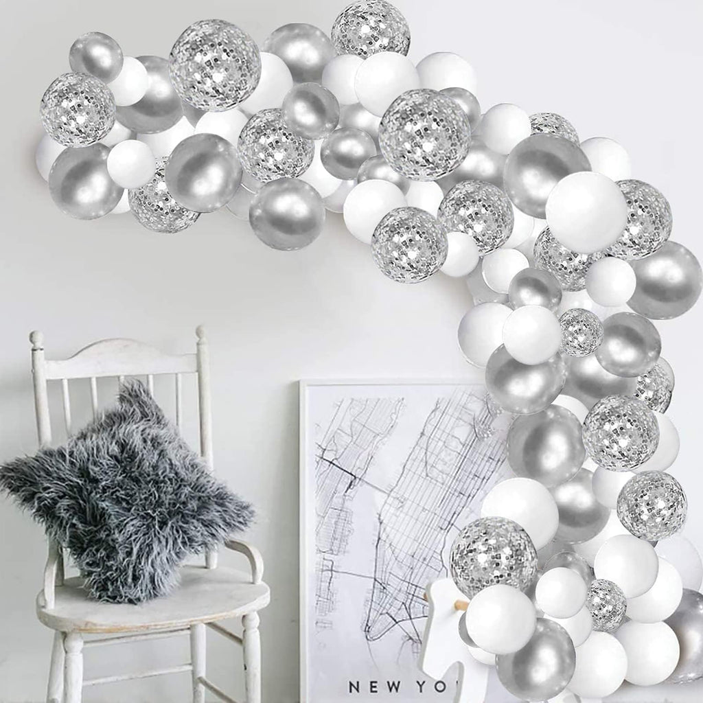 Bezente White Silver Balloon Garland Kit,100Pcs White Silver Metallic Chrome and Silver Confetti Balloons with Balloon Tape for Winter Wonderland Wedding Prom Special Events Party Winter Decor