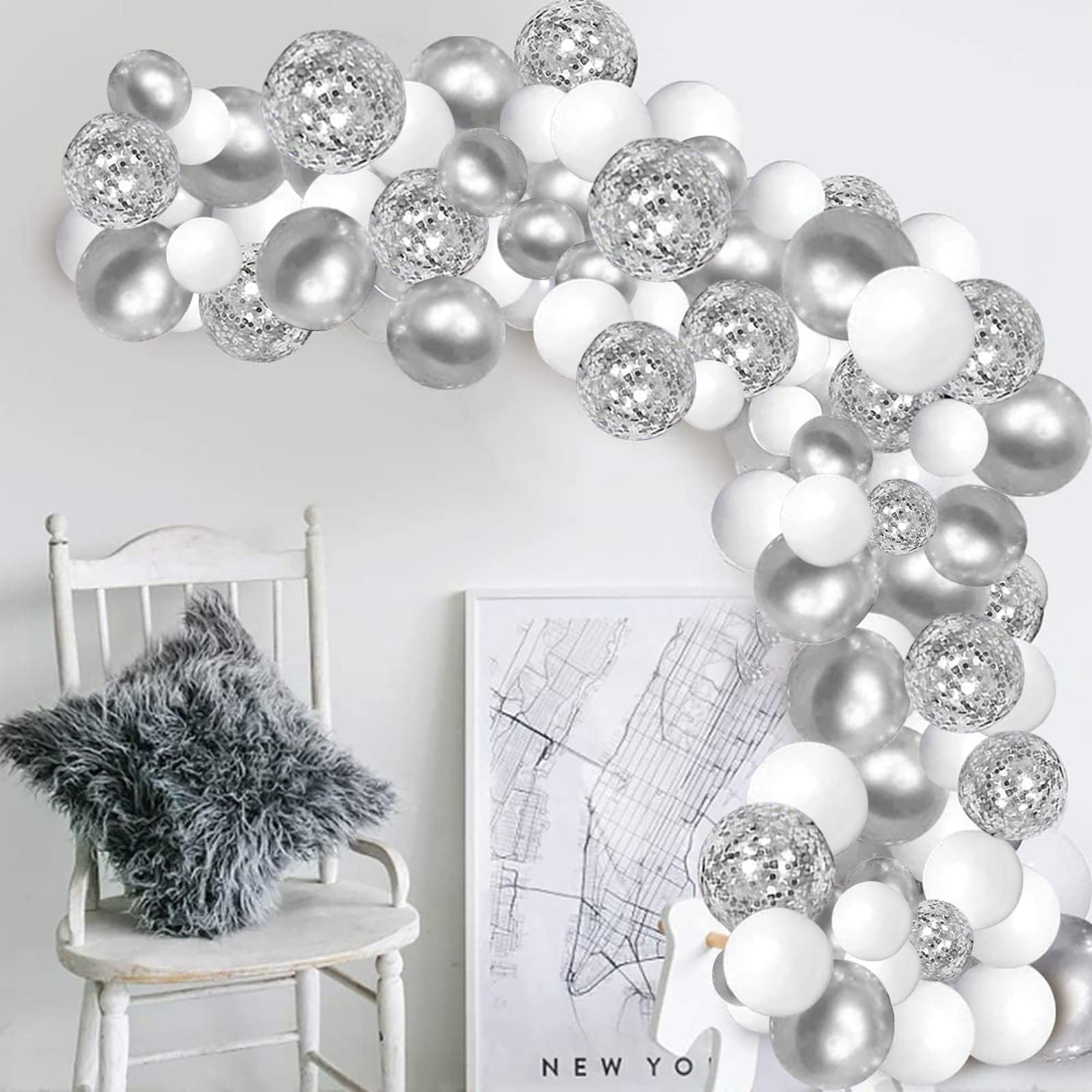Bezente White Silver Balloon Garland Kit,100Pcs White Silver Metallic Chrome and Silver Confetti Balloons with Balloon Tape for Winter Wonderland Wedding Prom Special Events Party Winter Decor