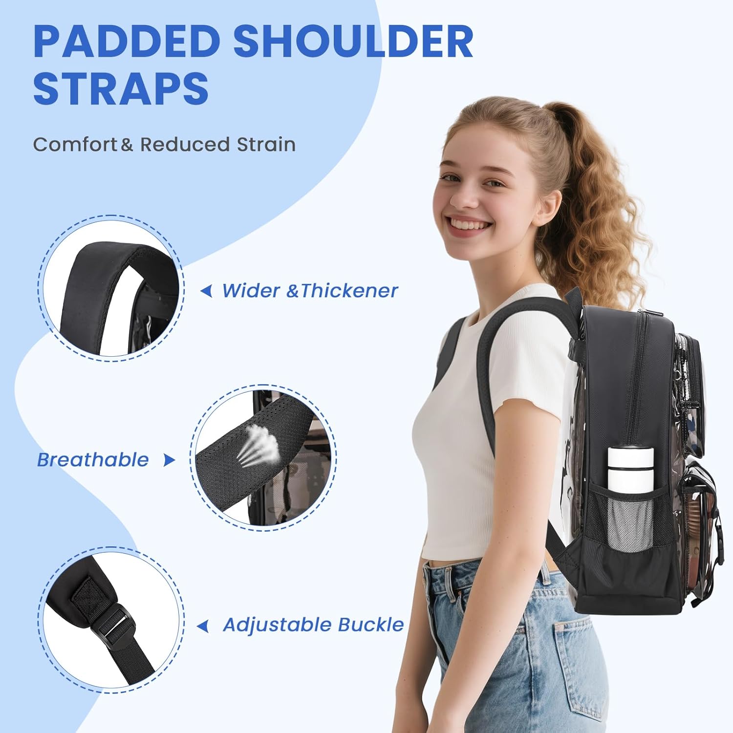 Skiennix Clear Backpack - Heavy Duty Transparent Bookbag for School | Semi-Black with Badge Holder