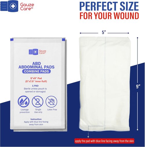 GauzeCare Sterile ABD Combine Pads - Extra Absorbent & Thick Wound Dressings | 50-Pack, 5 x 9 Inches