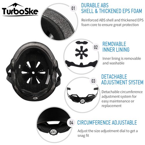 TurboSke Skateboard Helmet, BMX Helmet, Multi-Sport Helmet, Bike Helmet for Kids, Youth, Men, Women (Black, L/XL (22.8"-24"))