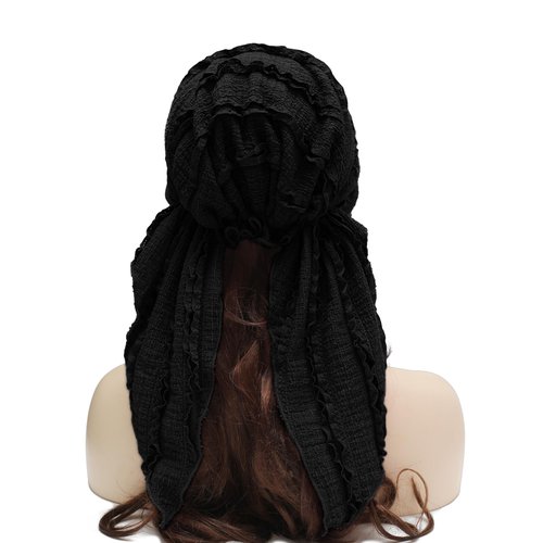 ZLYC Chemo Headwear Pre Tied Head Scarf Headwraps Lightweight Turban Beanie Cap for Women, Ruffle Black