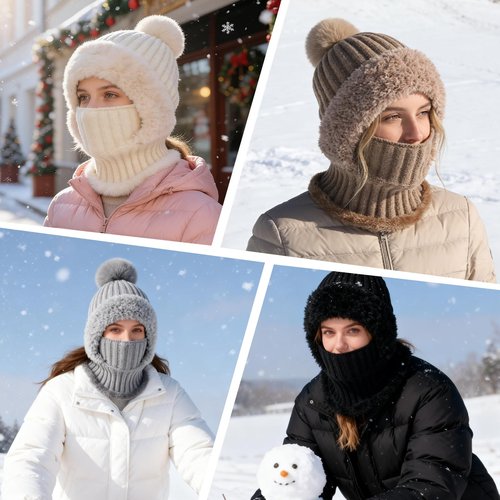 3 in 1 Beanie Hat for Women, Upgrade Beanie Hat with Scarf and Mask, Winter Warm Knitted Ski Scarf&Mask Set, Wind Resistant Hooded Scarf Hats, Thick Plush-Lined Warm Hats for Women (Black)