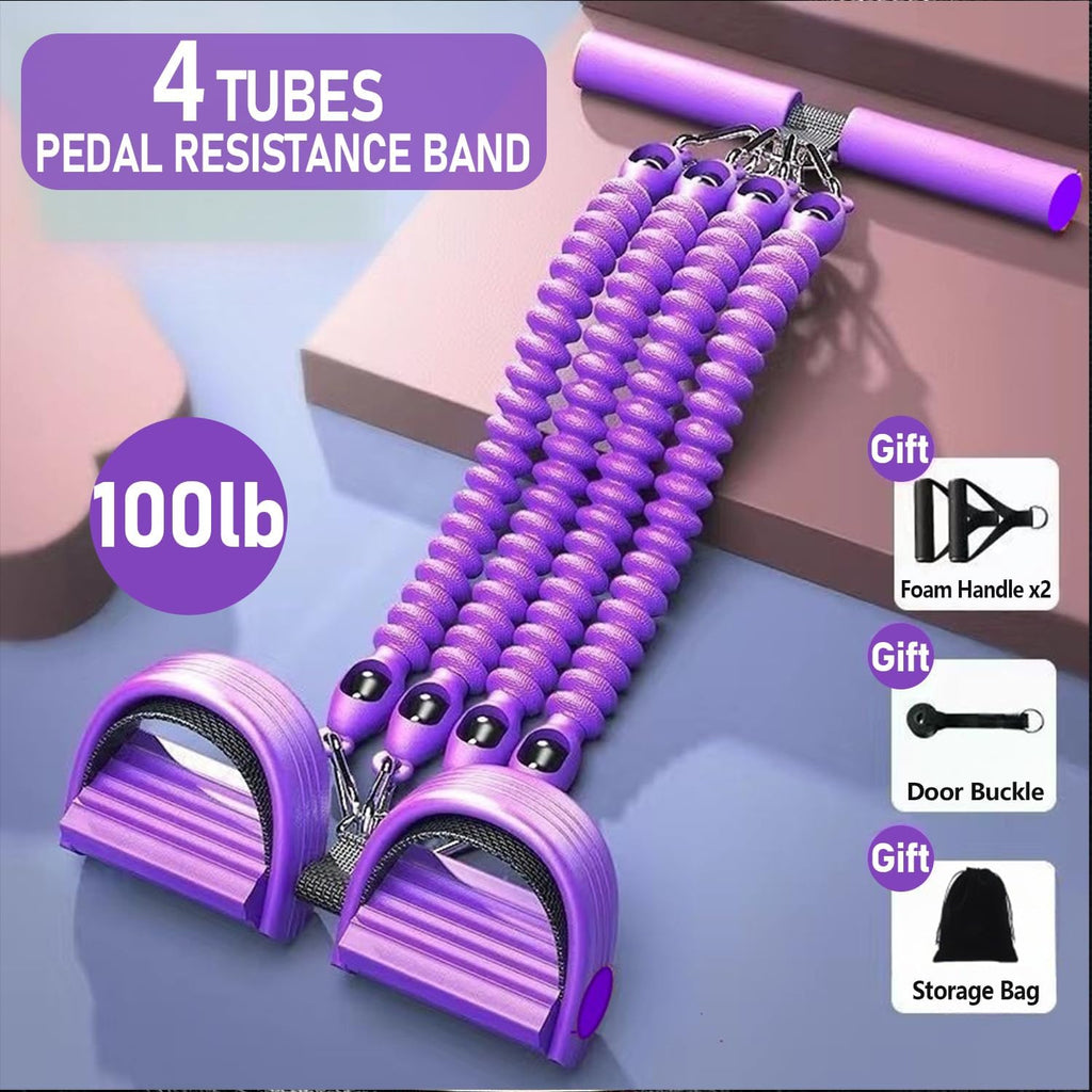 Skiennix Adjustable Foot Pedal Resistance Band - 4-Tube Ankle Puller for Full Body Workout | Purple