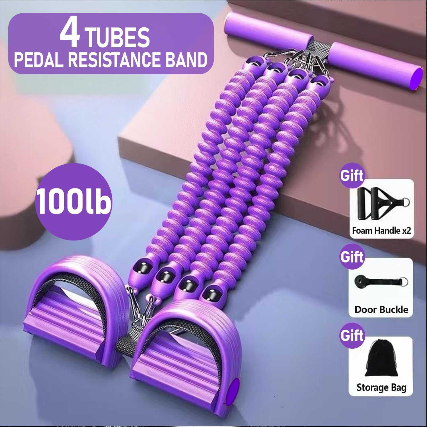 Skiennix Adjustable Foot Pedal Resistance Band - 4-Tube Ankle Puller for Full Body Workout | Purple