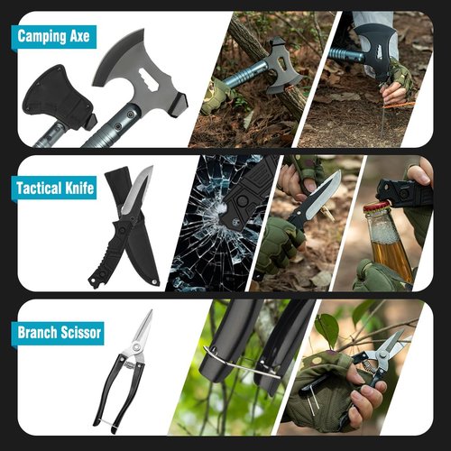 ZENHOSIT Survival Shovel with Axe, Camping Gear Folding Shovel Tactical Hatchet with 19.7-39.3inch Lengthened Handle - 24 in 1 Survival Tool Kit for Outdoor Camping Fishing Hiking