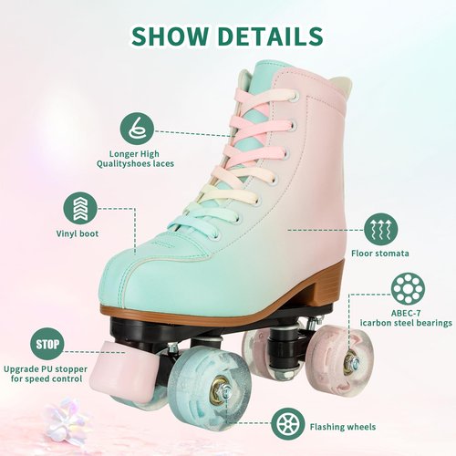 YYW Roller Skates for Girl Women Quad Roller Derby Skates High Top Double Row Light Up Roller Skates PU Skates Shoes for Kid Beginner Indoor Outdoor (37)