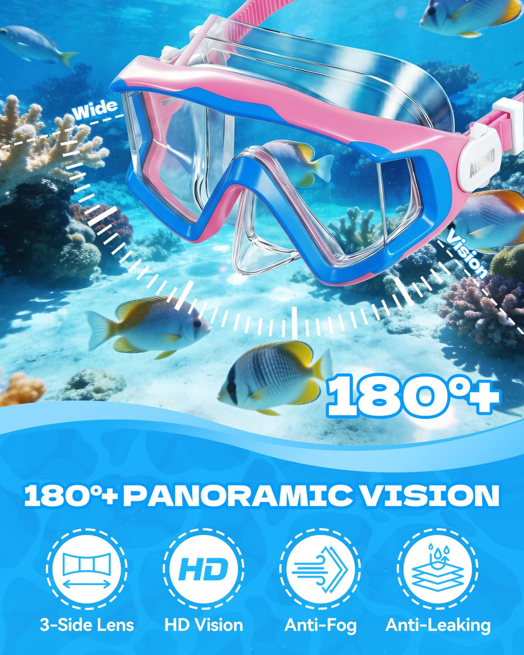 Aegend Snorkeling Gear Set for Kids - Anti-Fog Diving Mask, Adjustable Fins & Dry Snorkel, Full Snorkel Kit for Youth Swimming & Diving (Ages 5-15) (Pink, S/M)