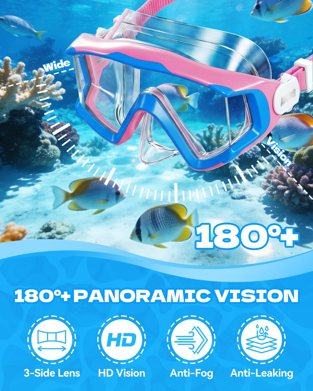 Aegend Snorkeling Gear Set for Kids - Anti-Fog Diving Mask, Adjustable Fins & Dry Snorkel, Full Snorkel Kit for Youth Swimming & Diving (Ages 5-15) (Pink, S/M)