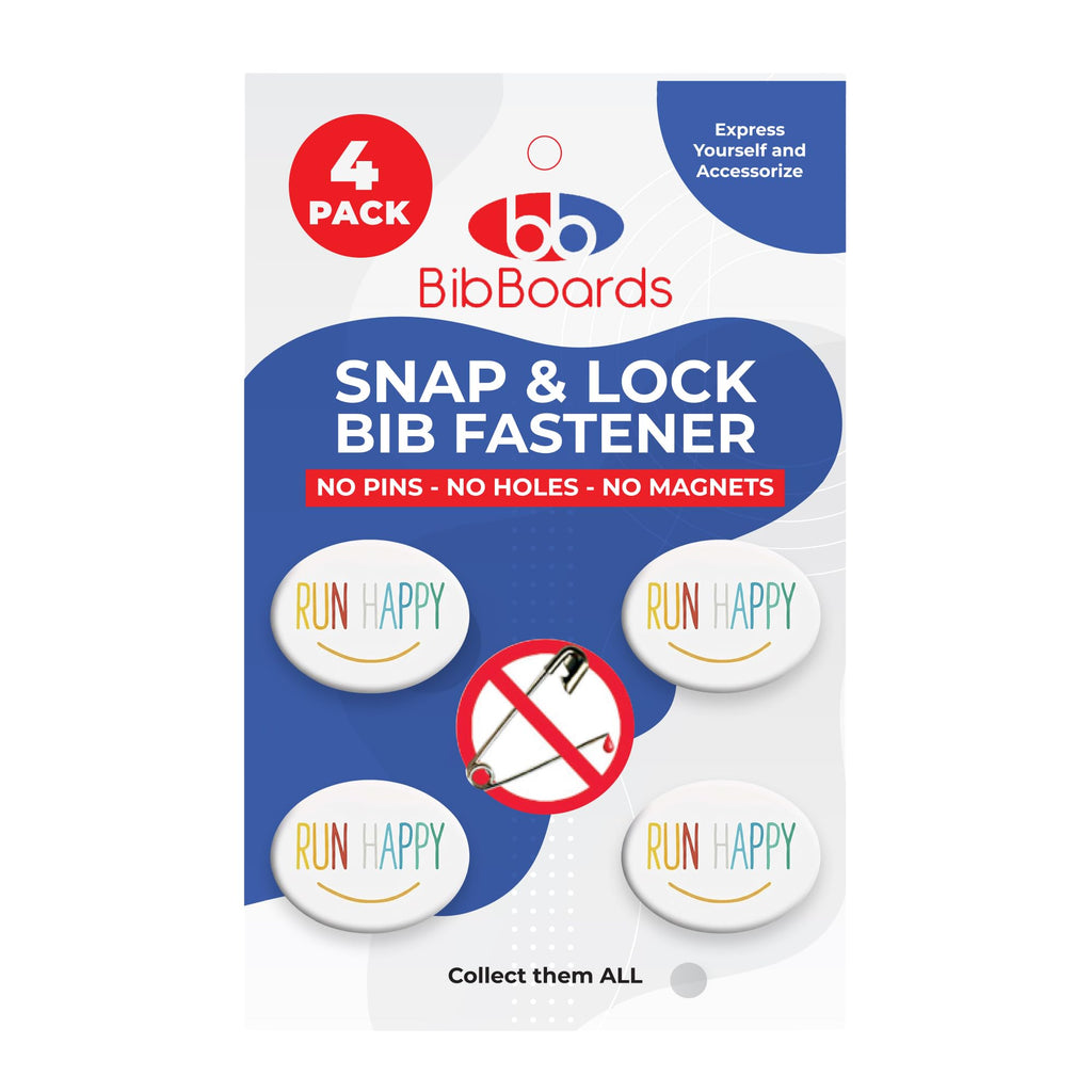 bibSNAPS Race Bib Clips - Safety Lock Fasteners - Secures Running, Marathon, Cycling and Event Number, Non Magnetic, Easy to Use, Soft & Reusable - Replacement for Pins & Magnets - Run Happy (4pcs)