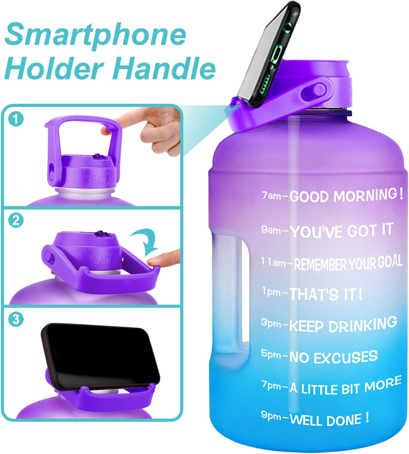 QuiFit 1 Gallon Water Bottle - Leak-Proof With Straw & Motivational Time Marker | BPA-Free, 128oz Capacity