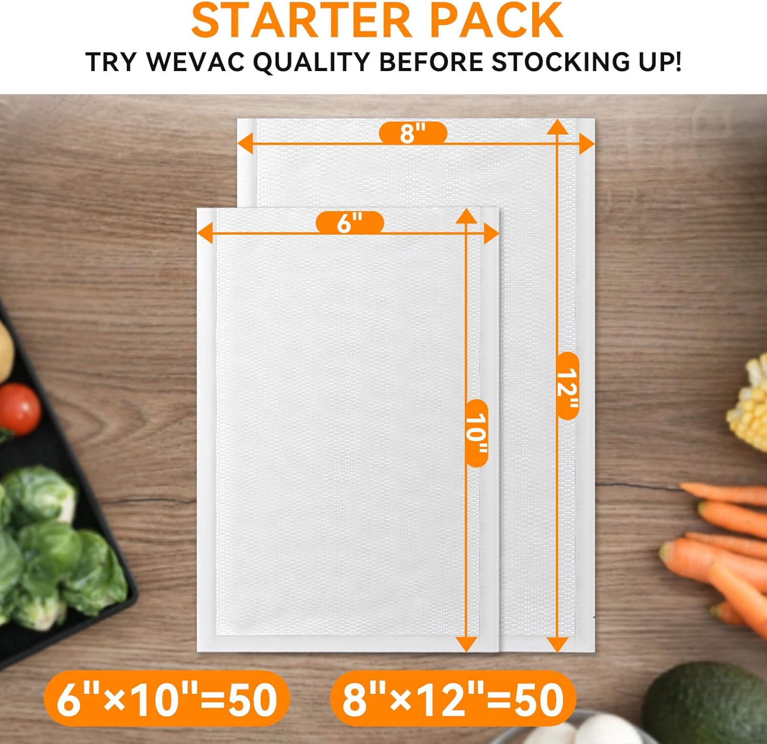 Wevac Vacuum Sealer Bags - Heavy-Duty BPA-Free Food Storage, 100 Count (6"x10" & 8"x12"), Puncture-Resistant & Freezer Safe