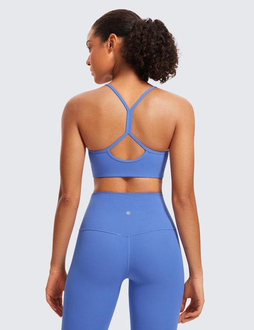 CRZ YOGA Butterluxe Womens High Neck Y Back Sports Bra - Padded Halter Racerback Spaghetti Thin Strap Workout Gym Top Wild Indigo Medium