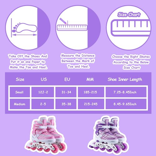 Kids Inline Skates for Girls Boys Beginners Adjustable, All 8 Wheels Illuminating. (Purple, Small (12J-2))
