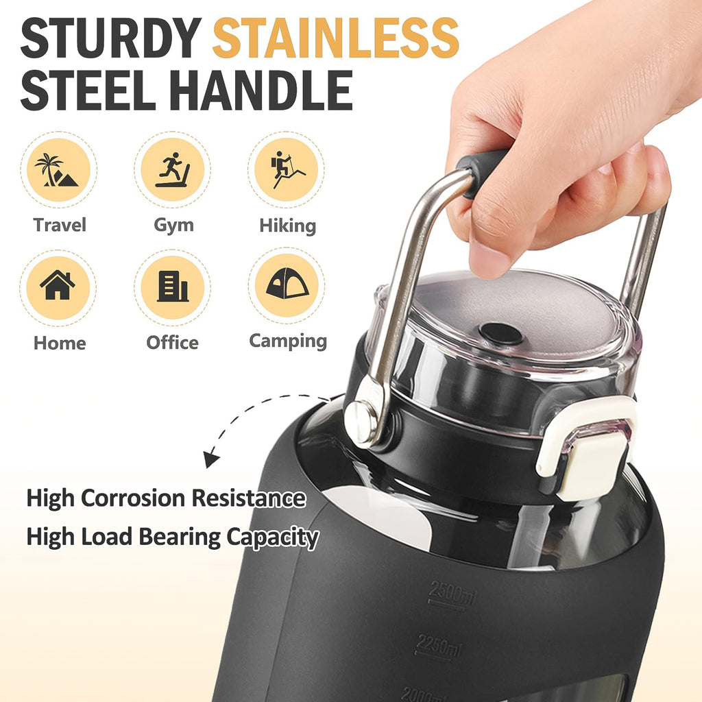 WINSA 84oz Glass Water Bottle with Stainless Steel Handle,2.5L Gallon Water Bottle with 2-IN-1 Straw Lid, Silicone Sleeve and Motivational Capacity Marker, Wide Mouth Water Jug For Gym, Workout, Black