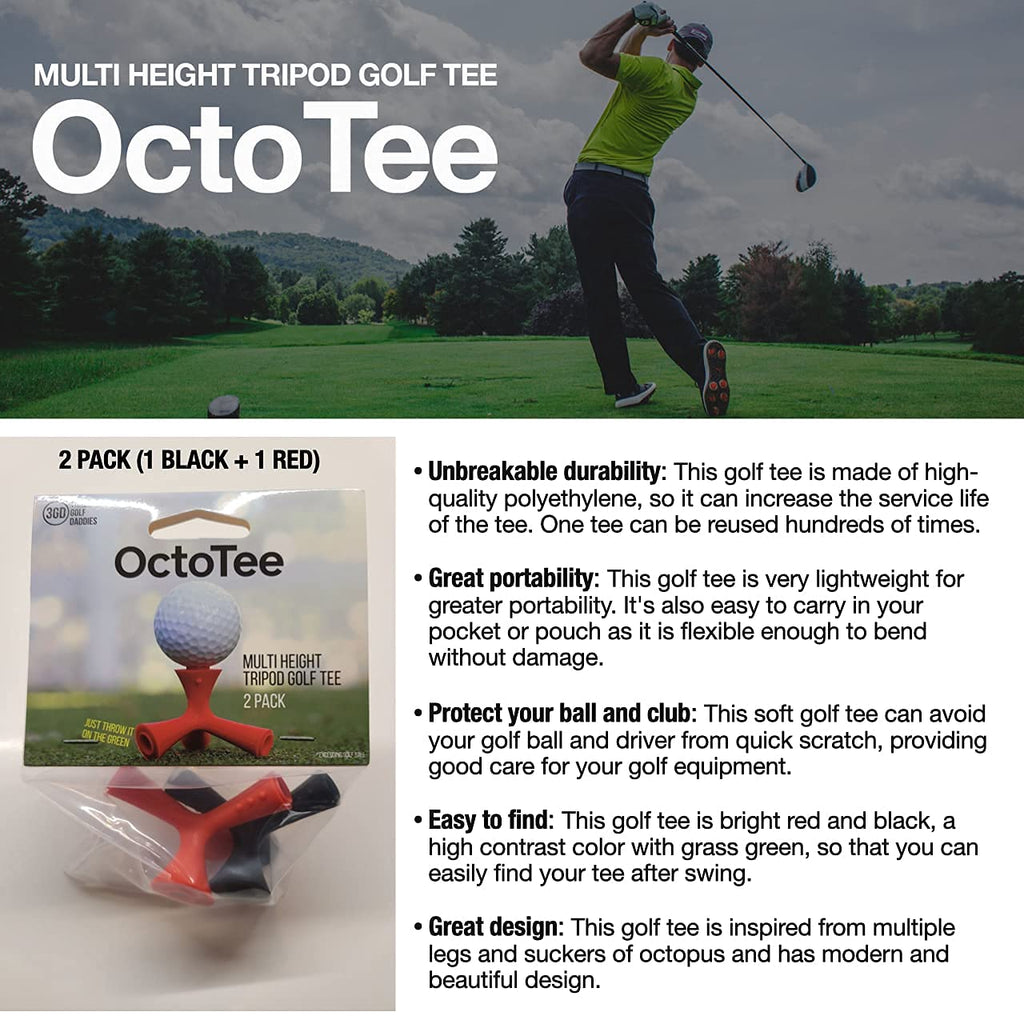 OctoTee, unisex-adult Flexible Tripod Colorful Rubber Golf Tee with Multi Height, Pack of 2