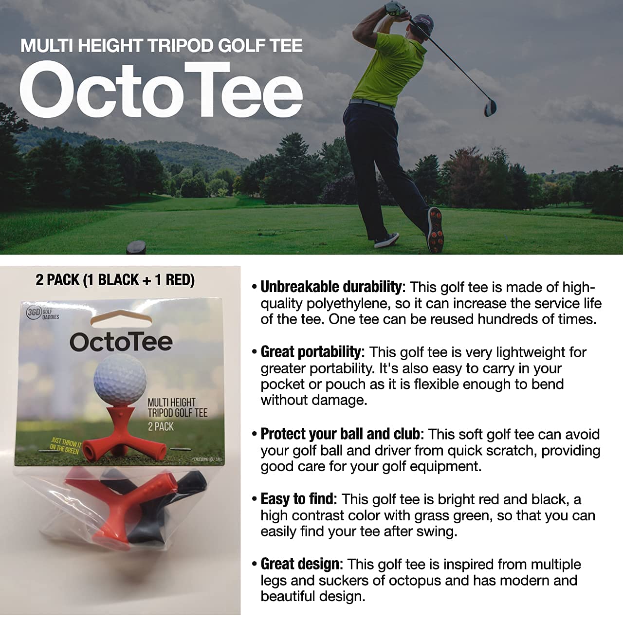 OctoTee, unisex-adult Flexible Tripod Colorful Rubber Golf Tee with Multi Height, Pack of 2