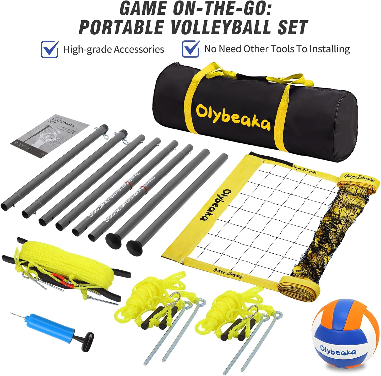 Skiennix 20ft Portable Outdoor Volleyball Net Set - Adjustable Heavy Duty Poles, Durable PE Net & Volleyball Included