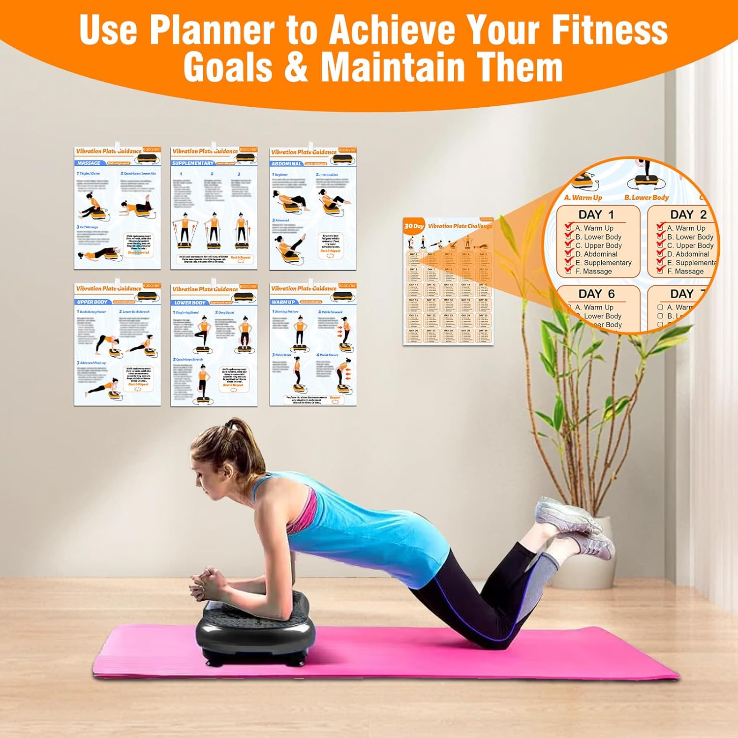 Vibration Plate Exercise Machine Poster - 6 Workout Guides & 2 Planner Sheets for Total Body Fitness