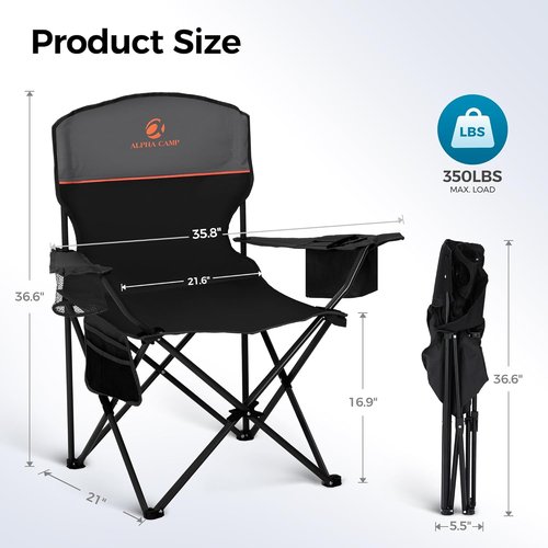 ALPHA CAMP Heavy Duty Camping Chair - 350LBS Capacity, Portable with Cooler Bag & Cup Holder | Black, 2PC Set