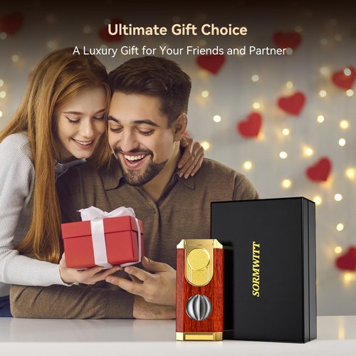All-in-One Triple Torch Lighter, Built-in V Cutter, Holder, Adjustable Windproof Jet Flames Lighter, Refillable Butane Design, Ideal Gift for Men with Gift Box (Butane not Included)